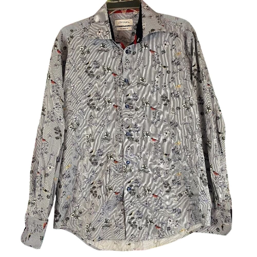 Levinas Tailored Fit Bird Floral Print Long Sleeve Button Down Shirt Large